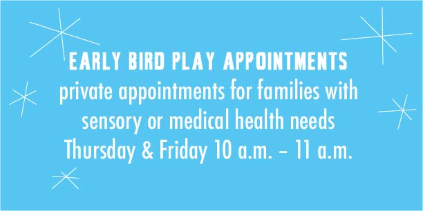 Early Bird Play Appointments for families with sensory or medical health needs -- Thursday and Friday 10 a.m. – 11:00 a.m.